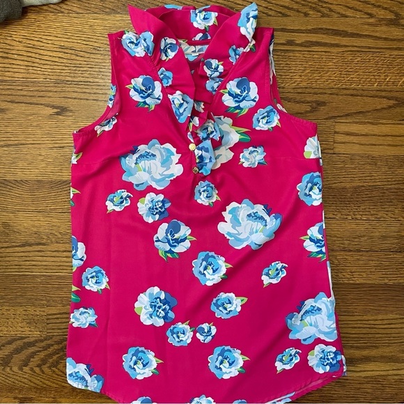 Mud Pie Tops - **4/$12** Mud Pie Floral Sleeveless Top in Pink and Blue Ruffle Trim Size XS